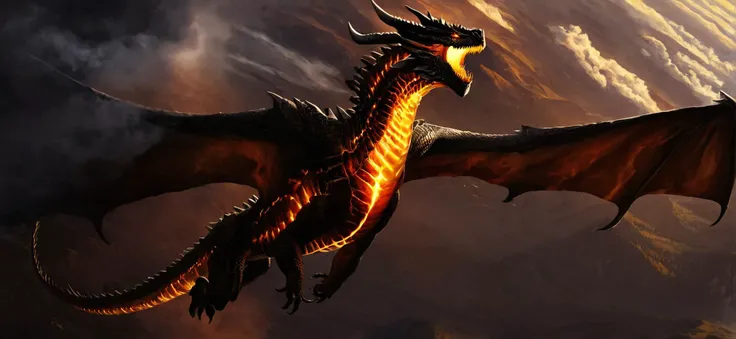 <lora:Classic Western Dragons XL:0.9>,<lora:dungeons_and_dragons_xl_v3:0.6>,(masterpiece),best quality,highres,4k,8k,Detailed Illustration,intricate detail,cinematic lighting,amazing quality,amazing shading,soft lighting,facing camera,perfect eyes,no humans,
black dragon,(black_scales:1.2),(cloud:1.1),dramatic atmosphere,atmospheric perspective,wide_shot,aerial,motion_blur,evil,flying,angry,dynamic_angle,glaring,shouting,panorama,landscape,(from_side:1.3),high in the sky,(golden_scales:0.6),metal,(gold:0.6),(red_scales:0.3),yellow eyes,artbook,game cg,slit_pupils,(large_wings:1.2),(realistic:1.2),hills,mountain,fantasy,(muscular:1.2),lens_flare,sharp_teeth,(tongue:1.1),arms_at_sides,solo,(burning_wings:0.5),(4_legs:1.5),claw,photo_(medium),