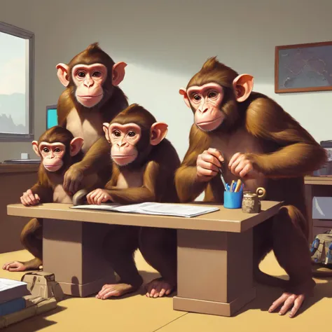 four little monkey in the office, dungeons and dragons, highly detailed <lora:dungeons_and_dragons_xl_v2:1>