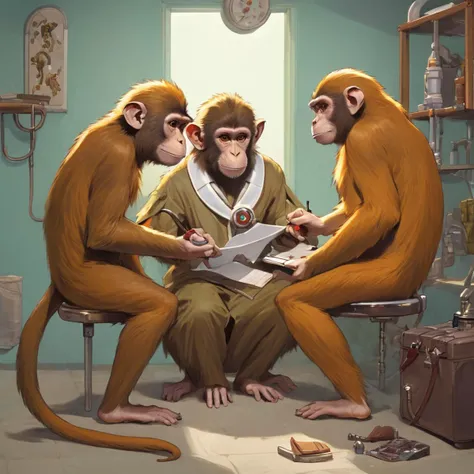 two monkey visiting a human medical doctor, dungeons and dragons, highly detailed <lora:dungeons_and_dragons_xl_v2:1>