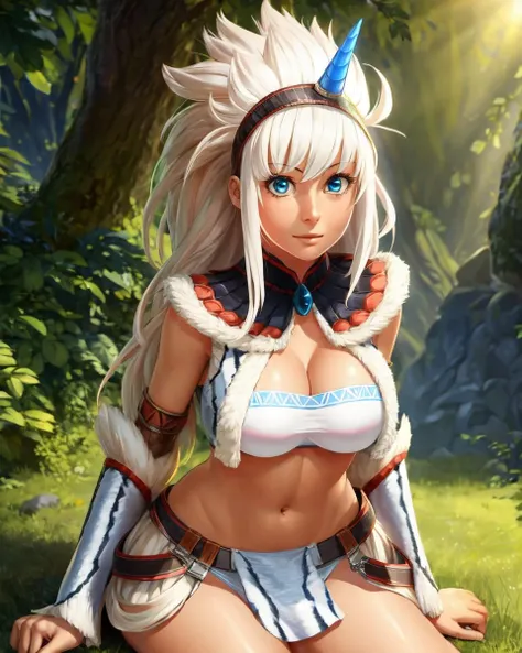 character portrait of a sexy, adult, (female:1.4), (human:1.2), kirin armor, thin, hi res, soft shading, detailed eyes, beautiful eyes, detailed face, good anatomy, cinematic lighting, by woolrool, crayon \(artist\), buta99, athletic, detailed background, outdoors, horn headband, strapless bra, white hair, blue eyes, leaning forward, cleavage,