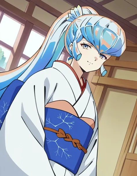 score_9, score_8_up, score_7_up, source_anime,
uruseiyatsuraoyuki, <lora:urusei-oyuki-ponyxl-lora-nochekaiser:1>,
oyuki, long hair, blue eyes, blue hair, ponytail, smile,
japanese clothes, kimono, sash, white kimono, obi,
indoors,
looking at viewer, cowboy shot, dutch angle,