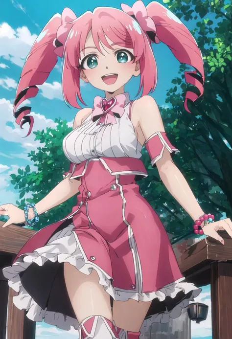 best quality, masterpiece, highres, solo, {haruka_hanabishi_mahoushoujoniakogarete:0.90}, bare_shoulders, bead_bracelet, beads, china_dress, chinese_clothes, dress, jewelry, looking_at_viewer, sleeveless, sleeveless_dress, bracelet, smile, medium_breasts, thighs, cowboy_shot, :d, open_mouth