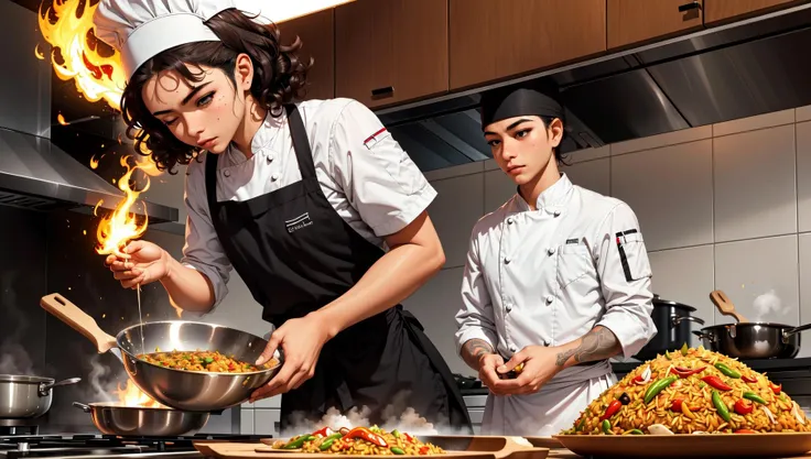 masterpiece, best quality, 1girl, medium hair, curly hair, chef uniform, chef hat, chef, zend4y4, cooking, wok, fire, fried rice, stove, feet out of frame, (looking down:1.3),