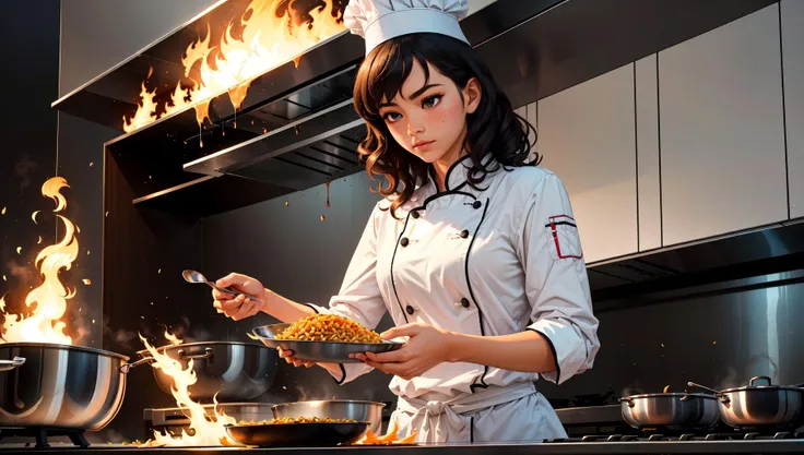 masterpiece, best quality, 1girl, medium hair, curly hair, chef uniform, chef hat, chef, zend4y4, cooking, wok, fire, fried rice, stove, feet out of frame, (looking down:1.3),