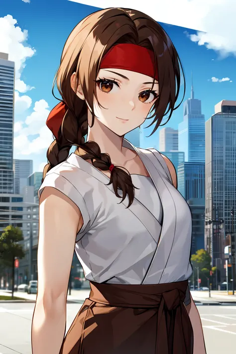 ((masterpiece:1.2, best quality)), yuri sakazaki, 1girl, braided ponytail, long hair, brown hair, brown eyes, red headband, fingerless gloves, dougi, upper body, looking at viewer, straight , city, dojo, trees, <lora:yuri_sakazaki:0.7>, mature