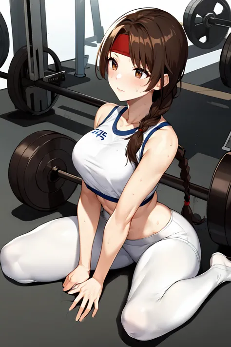 ((masterpiece:1.2, best quality)), yuri sakazaki, 1girl, braided ponytail, long hair, brown hair, brown eyes, red headband, gym, gym crop top, white crop top, white leggings, white yoga pants, sweaty, people in background <lora:yuri_sakazaki:0.7>, mature
