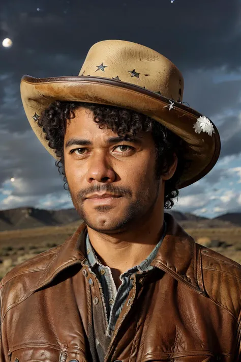 Photograph, color, portrait. Richard Ayoade dressed as a cowboy, outdoor, night, rugged, weathered, stoic, cowboy hat, spurs on boots, a horse in the background, deep set wrinkles, piercing dark brown eyes, a determined expression, standing against a backdrop of a clear night sky filled with stars, the cowboy is looking off into the distance, best quality, ultra-detailed, classic western <lora:Richard-Ayoade-v10:0.7>