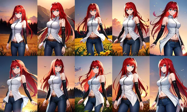 masterpiece, best quality, highres, eeaoko, long hair, red hair, bare shoulders, sleeveless shirt, dress shirt, detached sleeves, black sleeves, zipper, navel, belt, jeans, <lora:aozaki_aoko_v1:0.7>, cowboy shot, standing, field, sunset, looking at viewer,