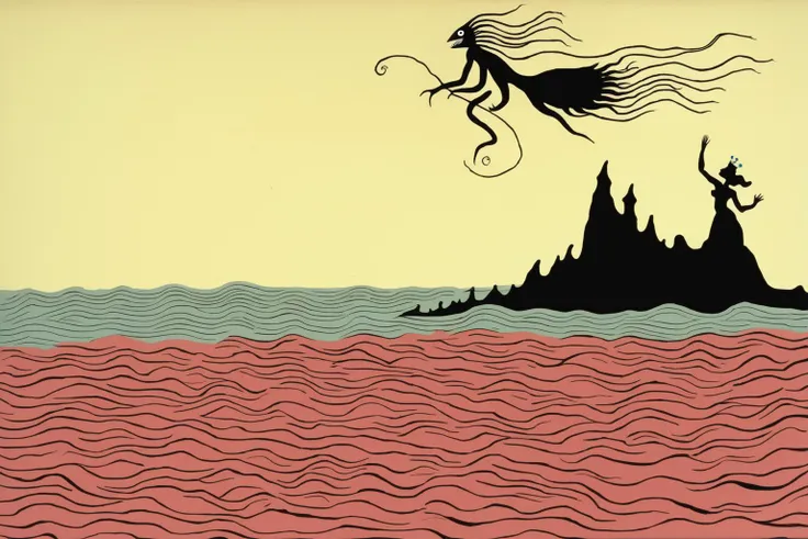 an image of Andromeda - Princess saved from a sea monster by Perseus and later married him. in the style of Dr. Seuss