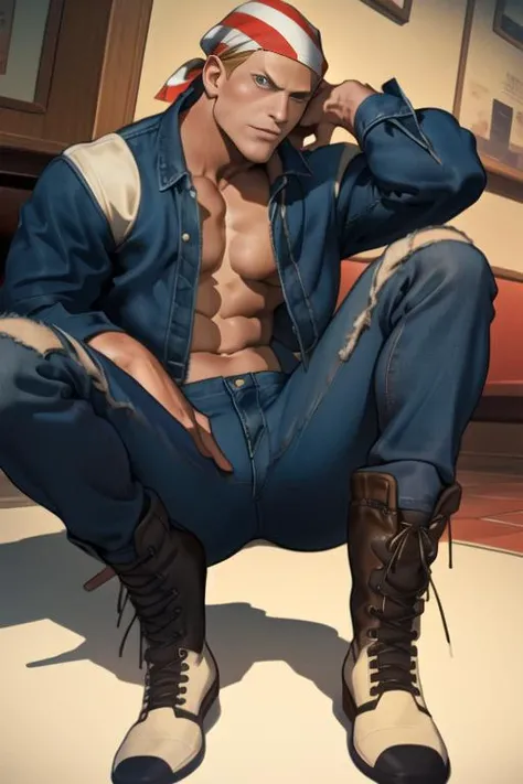 billykane,solo, 1guy, male,bandana, denim blue jacket, denim pants, handsome, boots, muscular, bara:0.5, at restaurant (detailed:1.2), atmospheric, <lora:BillyKane-000005:1>