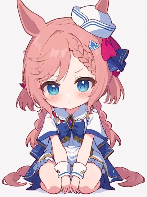 venus park, umamusume; sign, sitting, white background, seiza, simple background, socks, looking at viewer, mini hat, blush stickers, braided bangs, closed mouth, white headwear, twintails, full body, chibi
<lora:venus_park_xl:1>