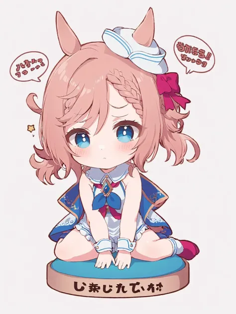 venus park, umamusume; sign, sitting, white background, seiza, simple background, socks, looking at viewer, mini hat, blush stickers, braided bangs, closed mouth, white headwear, twintails, full body, chibi
<lora:venus_park_xl:1>