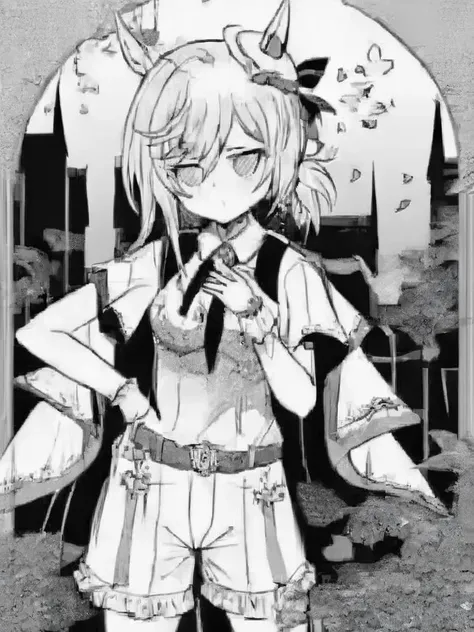 <lora:venus_park_xl:1>,1girl,venus park, umamusume; single glove, shorts, hand on hip, hand on own chest, single sleeve, looking at viewer, belt, cowboy shot, white headwear, closed mouth, frills, standing, blonde hair, cape, official alternate costume, jewelry, brooch, petals, hand up <lora:baishengnv_xl:1>monochrome, greyscale