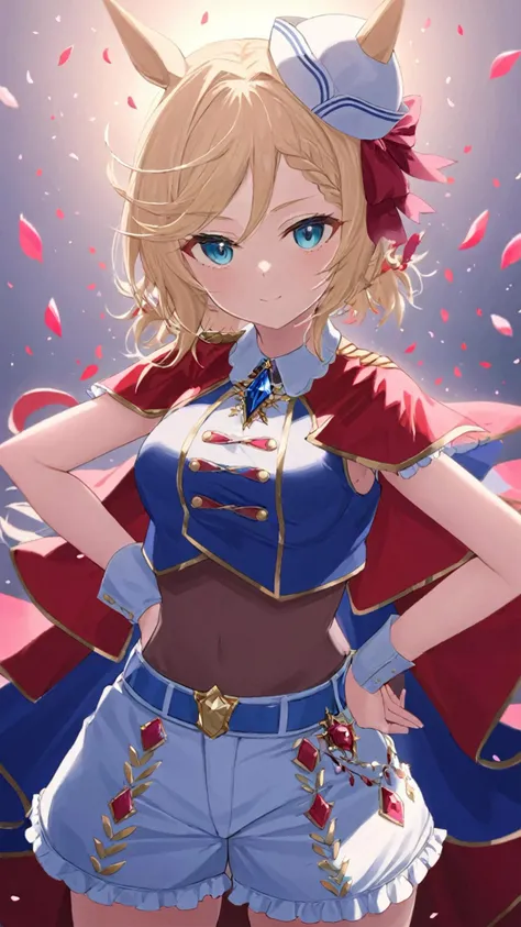 venus park, umamusume; single glove, shorts, hand on hip, hand on own chest, single sleeve, looking at viewer, belt, cowboy shot, white headwear, closed mouth, frills, standing, blonde hair, cape, official alternate costume, jewelry, brooch, petals, hand up
<lora:venus_park_xl:1>
