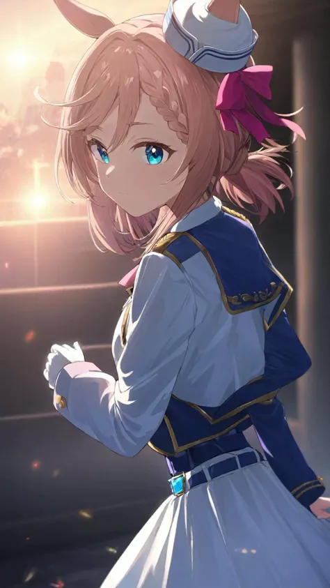 venus park, umamusume; looking at viewer, jacket, skirt, closed mouth, hand on own chest, jacket on shoulders, looking back, white shirt, long sleeves, hand up, coat, blurry, belt, mini hat, white skirt, single glove
<lora:venus_park_xl:1>