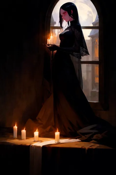 a beautiful goth woman. tall, age 35, slim, brooding. long flowing dress, veiled. background is dark, candlelight, moon through window.