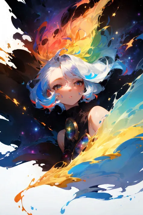female focus, ((masterpiece)), (((best quality))), ((ultra-detailed)), ((illustration)),[realism light effect],shadow,(Fantasy style),(white background:1.6), simple background, (earth theme),(a cloak)[(hair focus,((1girl)),[(big slime hair): (cloud hair):0.3], (hair on background),(high saturation),(hair surrounded by galaxy splashes),)):((her hair is becoming galaxy clouds,:1.27628), (hair and clothes is galaxy clouds and cluster of stars:1.1025),(a cloak is becoming galaxy clouds)(colorful_galaxy_print_clusters_of_stars_print:1.35),((detailed starry sky with colorful galaxy and galaxy clouds):1.2)):0.35], (((masterpiece))),(((best quality))),((ultra-detailed)),(illustration),(dynamic angle),((floating)),(paint),((disheveled hair)),((beautiful detailed face)),collar,bare shoulders, ((colorful hair)),((streaked hair)),beautiful detailed eyes,(Gradient color eyes),(((colorful eyes))),(((colorful background))),(((high saturation))),(((surrounded by colorful splashes))),(((surrounded by colorful dot))),colorful bubble,((shining)),