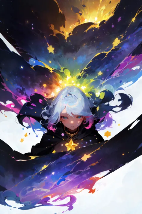 ((masterpiece)), (((best quality))), ((ultra-detailed)), ((illustration)),[realism light effect],shadow,(Fantasy style),(white background:1.6), simple background, (earth theme),(a cloak)[(hair focus,((1girl)),[(big slime hair): (cloud hair):0.3], (hair on background),(high saturation),(hair surrounded by galaxy splashes),)):((her hair is becoming galaxy clouds,:1.27628), (hair and clothes is galaxy clouds and cluster of stars:1.1025),(a cloak is becoming galaxy clouds)(colorful_galaxy_print_clusters_of_stars_print:1.35),((detailed starry sky with colorful galaxy and galaxy clouds):1.2)):0.35], (((masterpiece))),(((best quality))),((ultra-detailed)),(illustration),(dynamic angle),((floating)),(paint),((disheveled hair)),((beautiful detailed face)),collar,bare shoulders, ((colorful hair)),((streaked hair)),beautiful detailed eyes,(Gradient color eyes),(((colorful eyes))),(((colorful background))),(((high saturation))),(((surrounded by colorful splashes))),(((surrounded by colorful dot))),colorful bubble,((shining)),