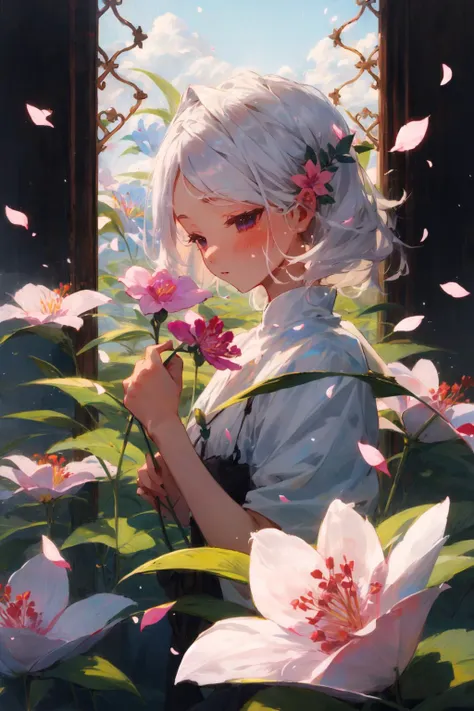 1 girl,flower,petal