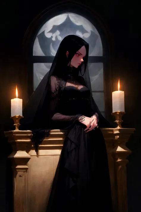 a beautiful goth woman. tall, age 35, slim, brooding. long flowing dress, veiled. background is dark, candlelight, moon through window.