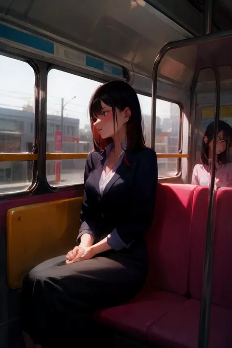 woman age 28. sitting on the bus on the way to work at the office.