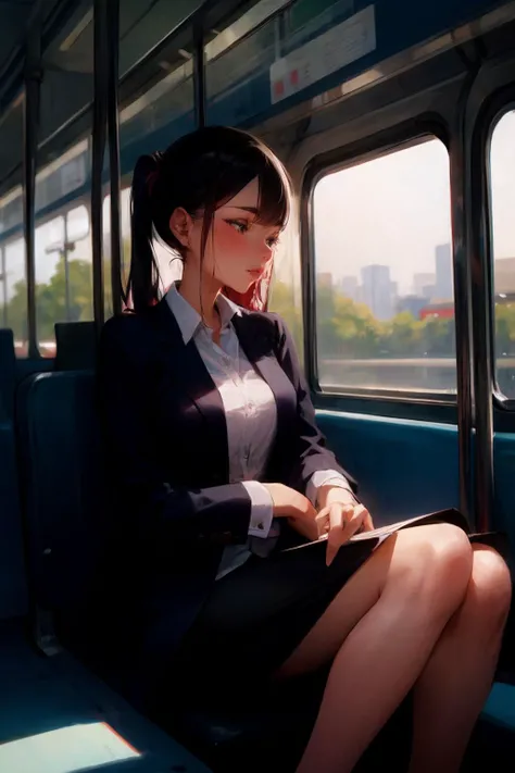 woman age 28. sitting on the bus on the way to work at the office.