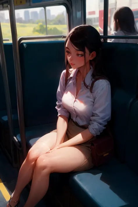 woman age 28. sitting on the bus on the way to work at the office.