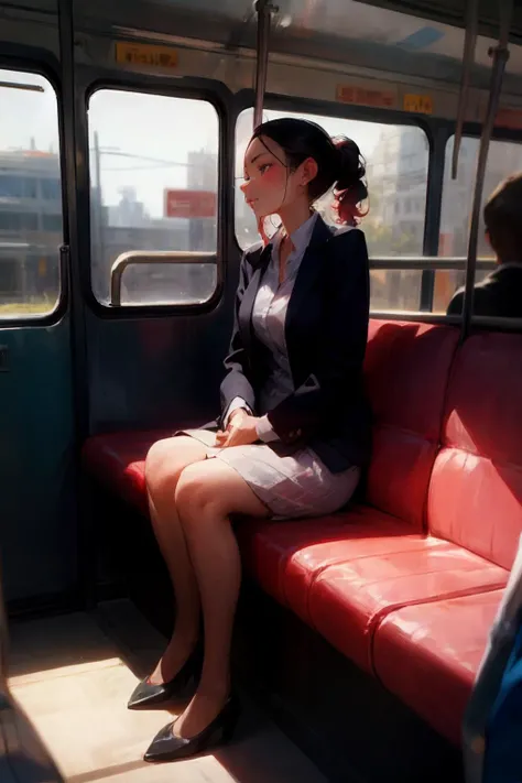 woman age 28. sitting on the bus on the way to work at the office.