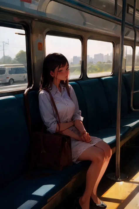 woman age 28. sitting on the bus on the way to work at the office.