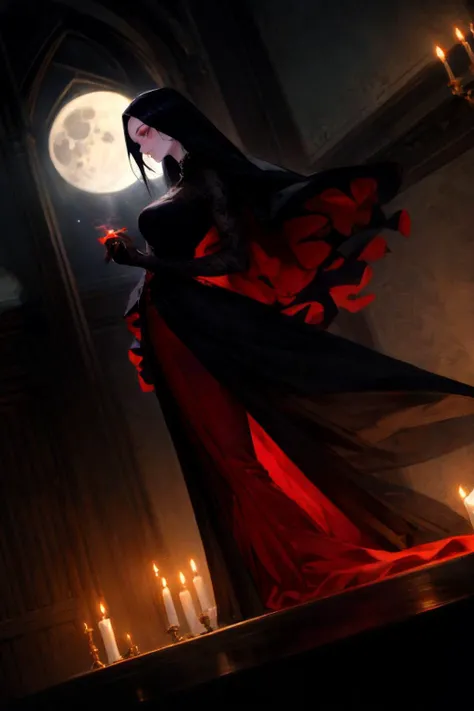 a beautiful goth woman. tall, age 35, slim, brooding. long flowing dress, veiled. background is dark, candlelight, moon through window.