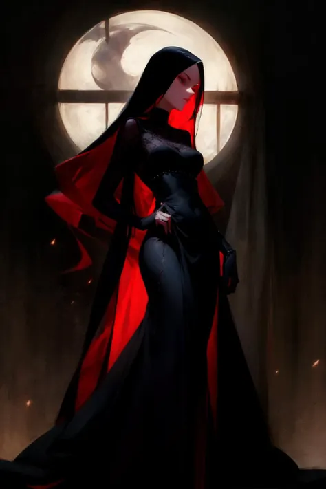 a beautiful goth woman. tall, age 35, slim, brooding. long flowing dress, veiled. background is dark, candlelight, moon through window.