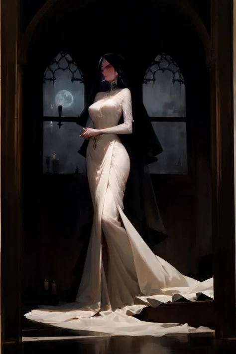 a beautiful goth woman. tall, age 35, slim, brooding. long flowing dress, veiled. background is dark, candlelight, moon through window.