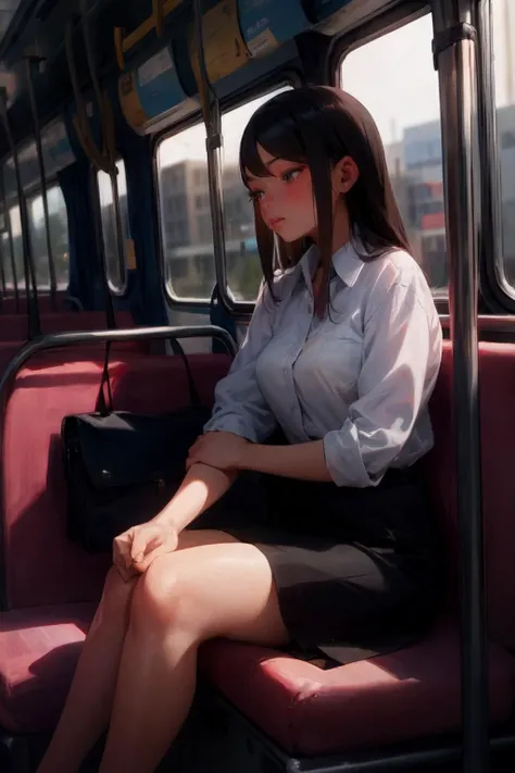 woman age 28. sitting on the bus on the way to work at the office.