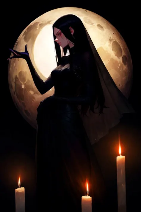 a beautiful goth woman. tall, age 35, slim, brooding. long flowing dress, veiled. background is dark, candlelight, moon through window.