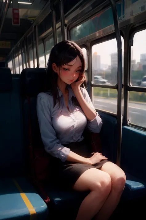 woman age 28. sitting on the bus on the way to work at the office.