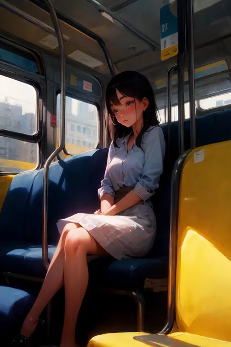 woman age 28. sitting on the bus on the way to work at the office.