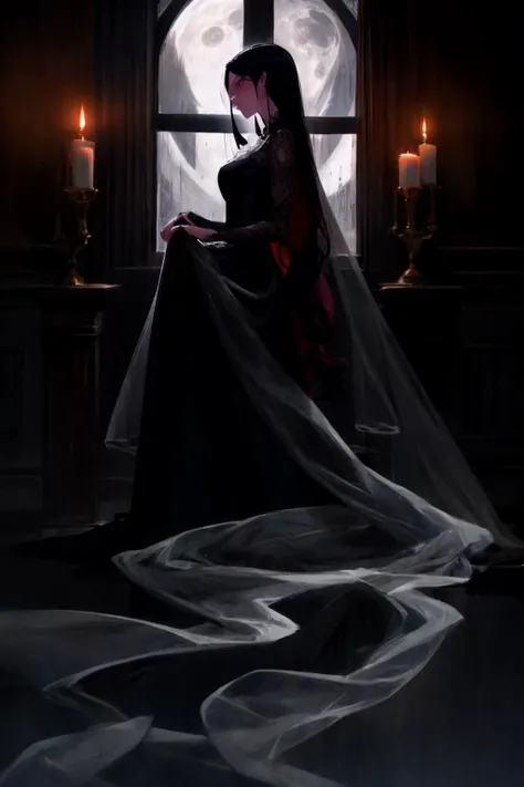 a beautiful goth woman. tall, age 35, slim, brooding. long flowing dress, veiled. background is dark, candlelight, moon through window.