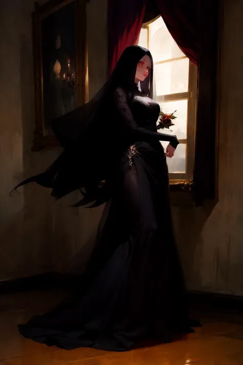a beautiful goth woman. tall, age 35, slim, brooding. long flowing dress, veiled. background is dark, candlelight, moon through window.