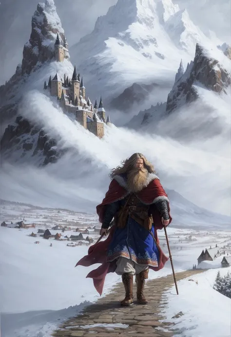 ((best quality)), ((masterpiece)), ((inked)), majestic soft oil painting by jim lee,old wizard standing on a path in a snow storm, billowing embroidered robes, long beard, staff, vast snowy mountain range, blizzard, sprawling medieval city in the distance,