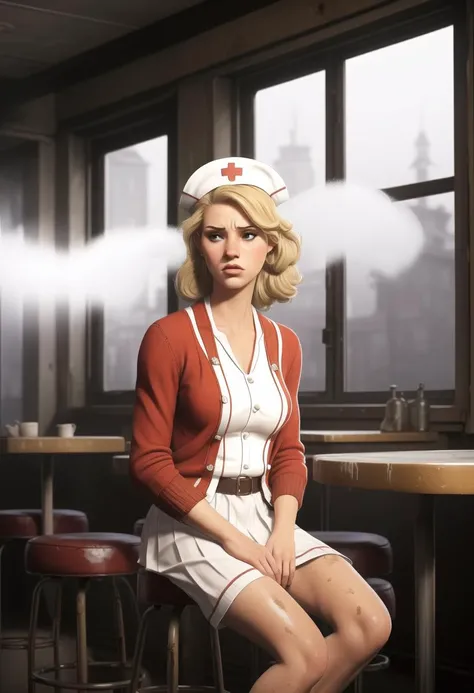 ((ultra intricate details, glossy, smooth, comic style, airbrushed)), ((body shot)), (1girl:1.2), Lisa Garland from Silent Hill, tragic 23 year old nurse (sitting in an abandoned (dilapidated:1.1) misty (American diner:1.1), (white nurses uniform under a (red cardigan:1.1), white skirt, long (dirty-blonde:1.1) hair, sad, forlorn, worried, heart broken, (thick volumetric haze mist everywhere:1.3), dirty tables and stools, crusty countertops, broken windows, white vintage nurse hat