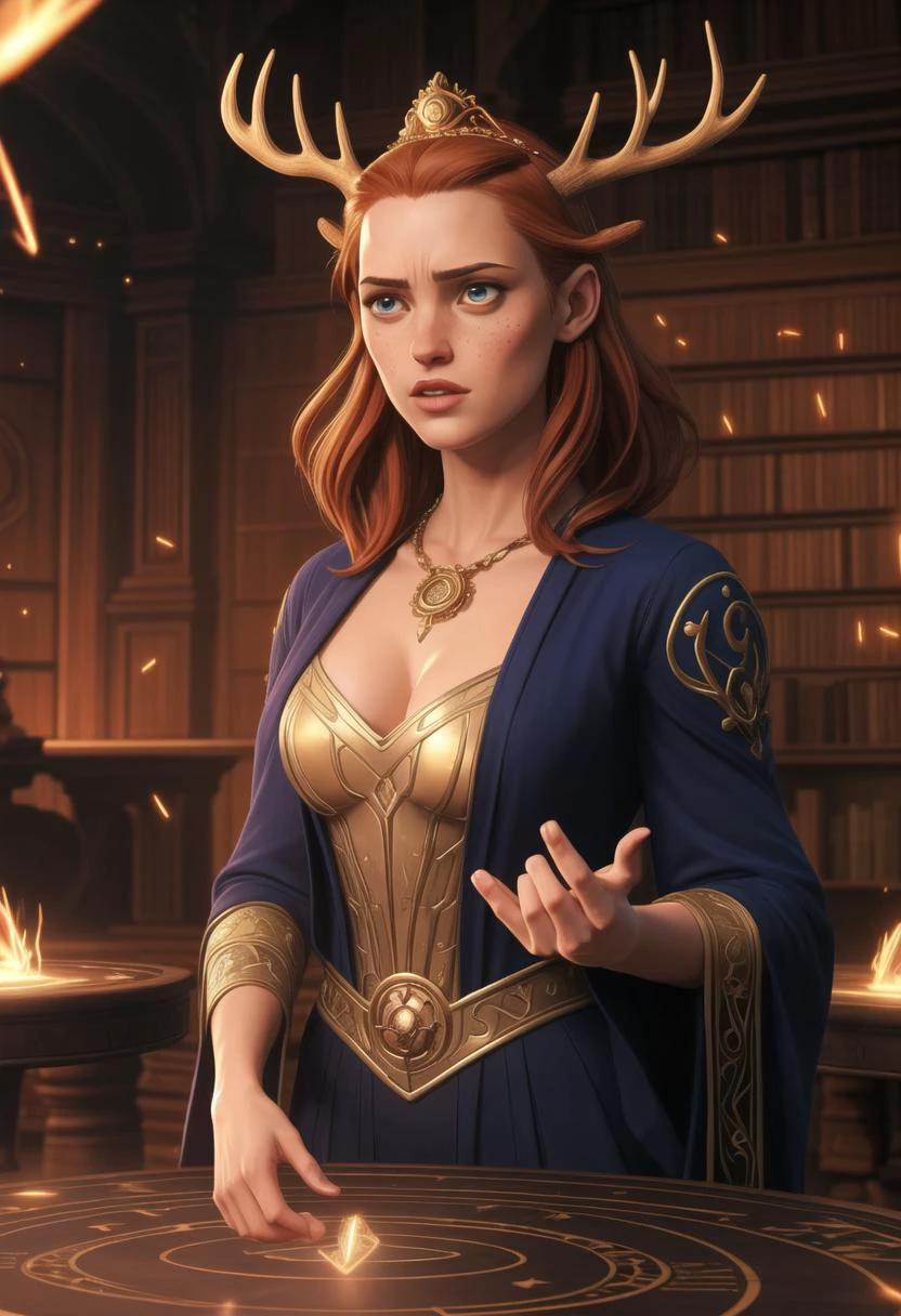 ((ultra intricate details, glossy, smooth, comic style, airbrushed)), ((dynamic action pose)), 1girl, close up upper-body portrait, (a stunningly gorgeous worried ginger sorceress standing in a glowing runic summoning circle:1.3), freckles, detailed mesmerizing eyes, (ornate bejeweled gold crown with antlers:1.2), intricately embroidered luxurious robes, (arcane magical symbols:1.4), (fractals, swirling magical energies everywhere:1.4), Deborah Ann Woll|(Karen Gillan:0.7)|(Emma Watson:0.8), (in a dark arcane library:1.3), (glowing sparks:1.2)