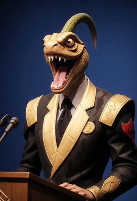 ((ultra intricate details, glossy, smooth, comic style, airbrushed)), anthro the snake headed man giving a speech, standing behind a podium, globalist flag with a symbol for the earth behind him, man with a (snake head:1.2), detailed red slit evil eyes, wearing an expensive suit, shined shoes, forked tongue, needle like fangs, manic grin, hissing, man with a snake head