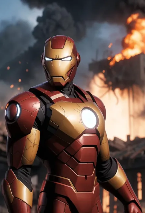 ((ultra intricate details, glossy, smooth, comic style, airbrushed)),   low angle shot, Ironman in a middle-eastern battlefield, battle scared armor, scratches, scorch marks, reflections, bullet holes, burning building in the background