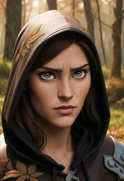 ((ultra intricate details, glossy, smooth, comic style, airbrushed)),((intricate details, extreme close up portrait)), hypnotically beautiful wood elf in a verdant forest, beauty mark, ((wearing skimpy soft leather armor and an intricately embroidered hooded rainbow cloak, autumnal)), mesmerizing eyes, emotive longing expression, sun set