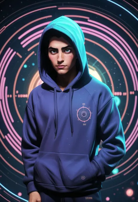 ((ultra intricate details, glossy, smooth, comic style, airbrushed)), (intricately detailed cyber space neon background:1.3), a young man in cyberspace, hands in his pockets, (kaleidoscopic digital geometry, virtual realities, neon abstract cubic surrealism, digital universe, binary, glowing computer code:1.4), vast digital cyberscape, (wearing normal tattered dirty cloths, hoodie:1.5)