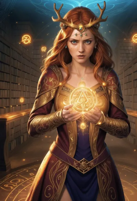 ((ultra intricate details, digital art style, airbrushed)), ((dynamic action pose)), 1girl, close up upper-body portrait, (a stunningly gorgeous worried ginger sorceress standing in a glowing runic summoning circle:1.3), freckles, detailed mesmerizing eyes, (ornate bejeweled gold crown with antlers:1.2), intricately embroidered luxurious robes, (arcane magical symbols:1.4), (fractals, swirling magical energies everywhere:1.4), Deborah Ann Woll|(Karen Gillan:0.7)|(Emma Watson:0.8), (in a dark arcane library:1.3), (glowing sparks:1.2)