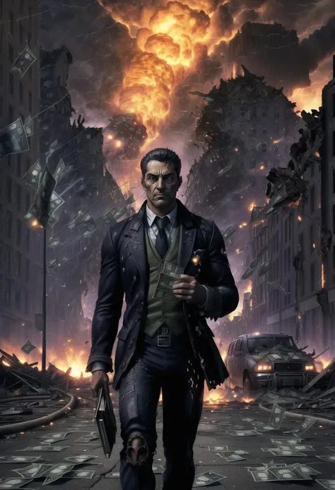 ((ultra intricate details, digital art style, airbrushed), a prim dapper business man smugly holding a briefcase as the world burns behind him, full body shot, crumbling buildings, fire and brimstone, (cash falling from the sky, dollar bills, money everywhere:1.5), self satisfied expression, smug, selfish, wailing masses fill the street of a burning city, (apocalypse, total destruction, :1.4)