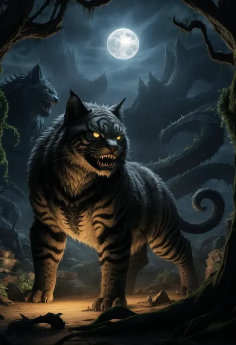((ultra intricate details, glossy, smooth, comic style, airbrushed)), giant cat, an evil gnarled giant feline monster, terrifying huge monster with glowing eyes and needle sharp teeth, full body, wrathful nature god, intricately detailed vines and bark, angry expression, moonlight, deep shadows, depth of field, film grain, smooth, roughness, real life,backlit, hard edge lighting,