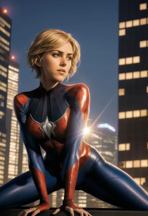 ((ultra intricate details, digital art style, airbrushed)), (acrobatic pose), nubile spider gwen web on top of a skyscraper at sun set, short blonde hair, beautiful detailed eyes, ((worried expression)), skintight superhero outfit, soft edge lighting, highly detailed, ((body shot)), professional, soft volumetric lighting, lens flares,