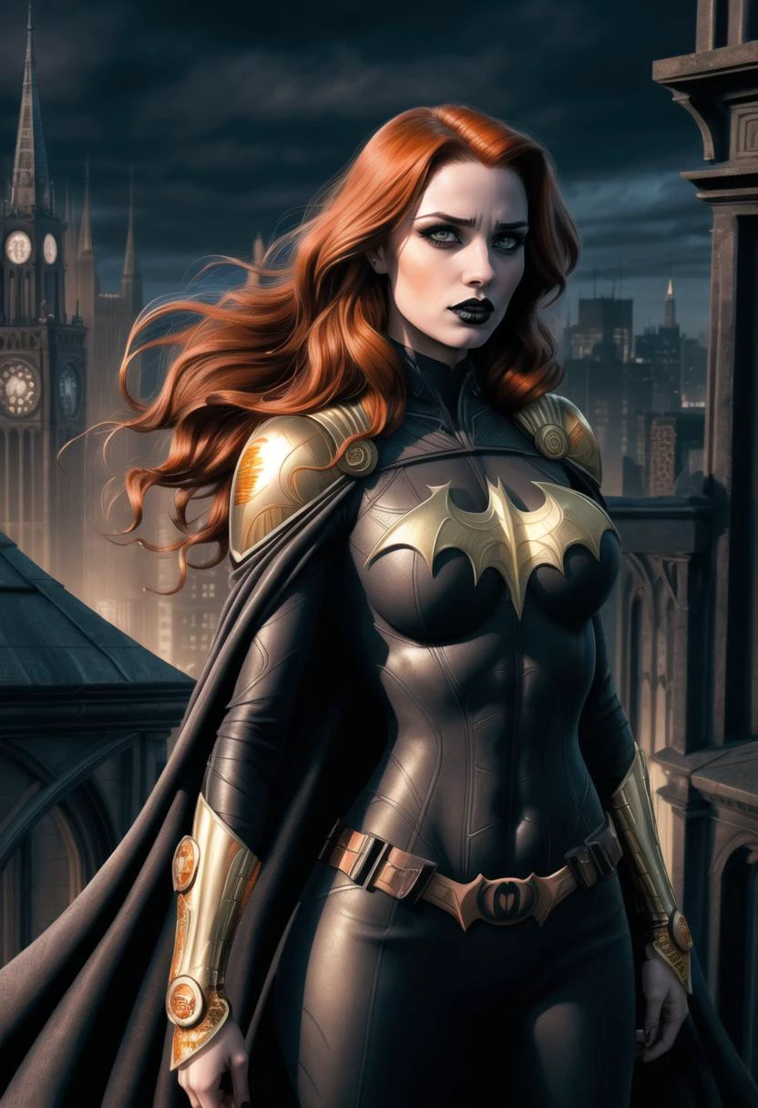 ((ultra intricate details, digital art style, airbrushed)), long wet wavy ginger hair, ((nubile toned superhero on a gothic cathedral roof top)), batgirl, deborah ann woll|jennifer connoly|kelly brook, beautiful detailed eyes, ((intense sorrow expression)), vibrant colors, skintight( black orange and gold:1.3) intricately detailed skin tight superhero bodysuit, cape, shoulder pads, ((Gotham city background)), (black eyeliner, goth makeup:1.3),